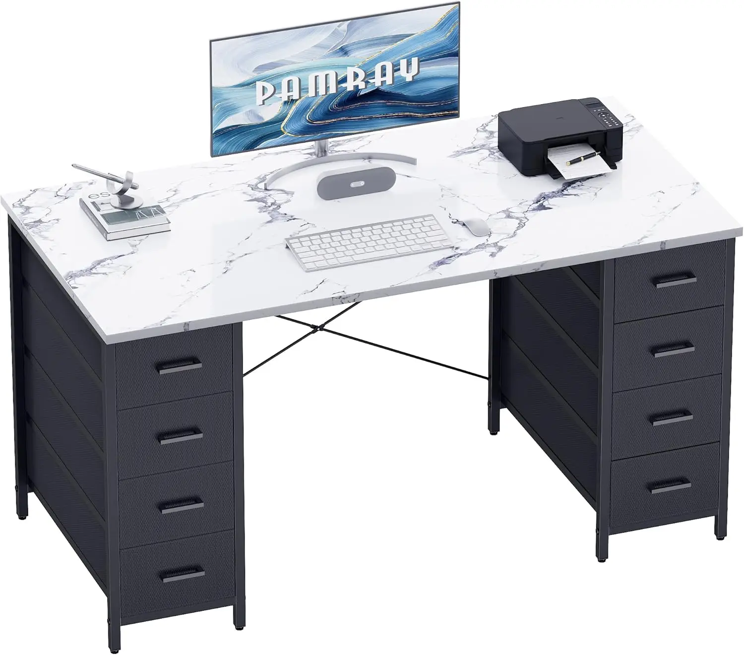 

47 Inch Computer Desk with 8 Fabric Drawers PC Gaming Desk Home Office Study Work Writing Table for Bedroom Marble