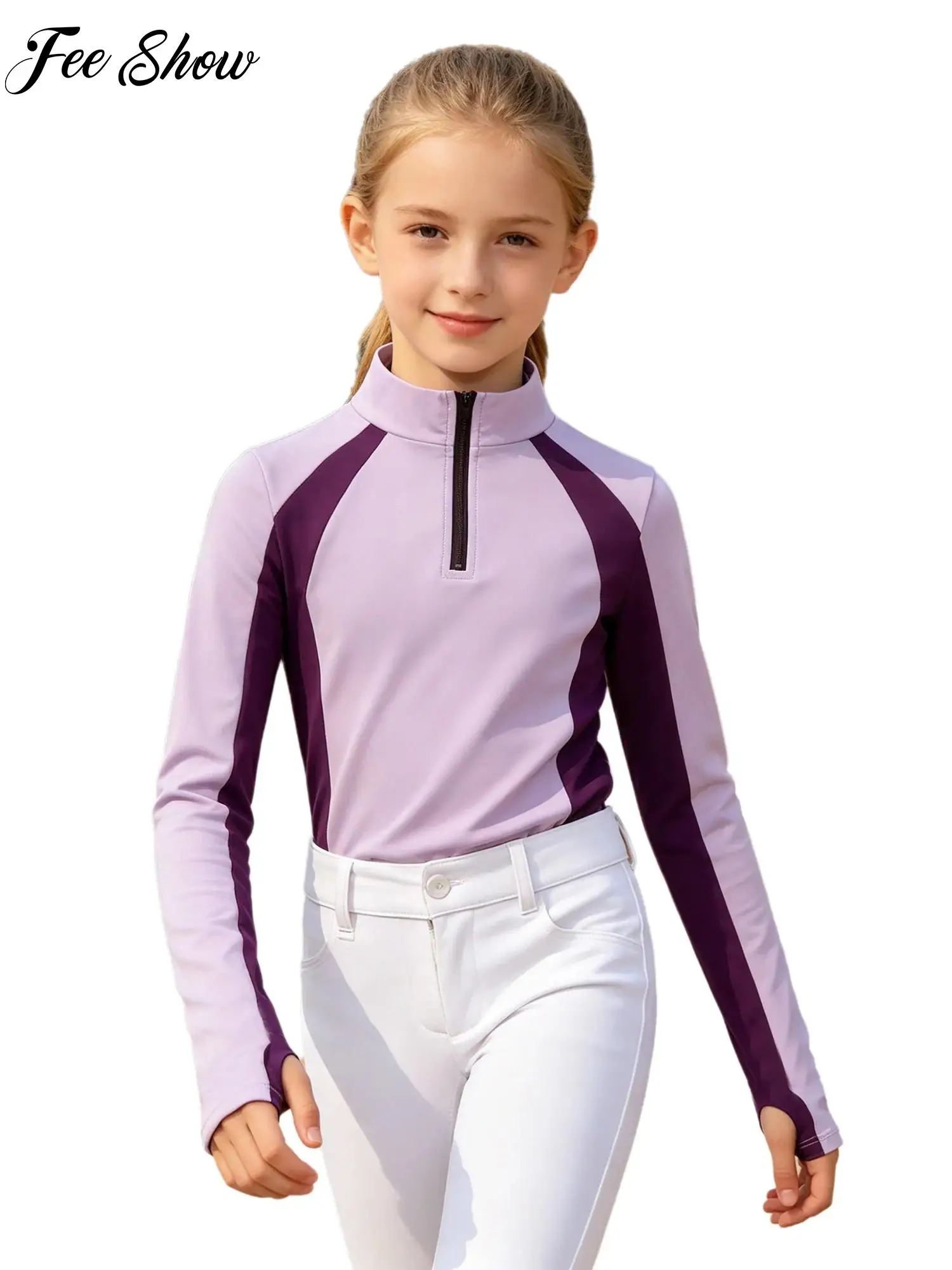 

Girls Equestrian Riding Top Mock Neck Long Sleeve Half Zip Quick Dry Stretchy Breathable for Competition Training