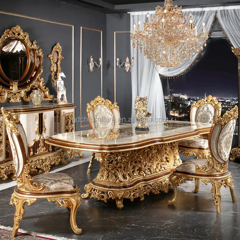 Luxury Gold Leaf Dining Set 1 Table 6 Chairs Regal Baroque Style Hand-Carved Solid Wood Palace Furniture High-Gloss Glass Top