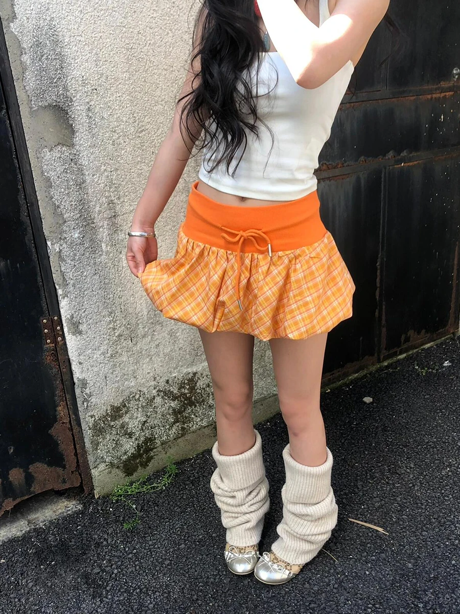ReddaChic Orange Plaid Bubble Mini Skirt Skorts Summer Casual Drawstring Low Rise Lining Puffy Short Skirt Sexy Women Clothes