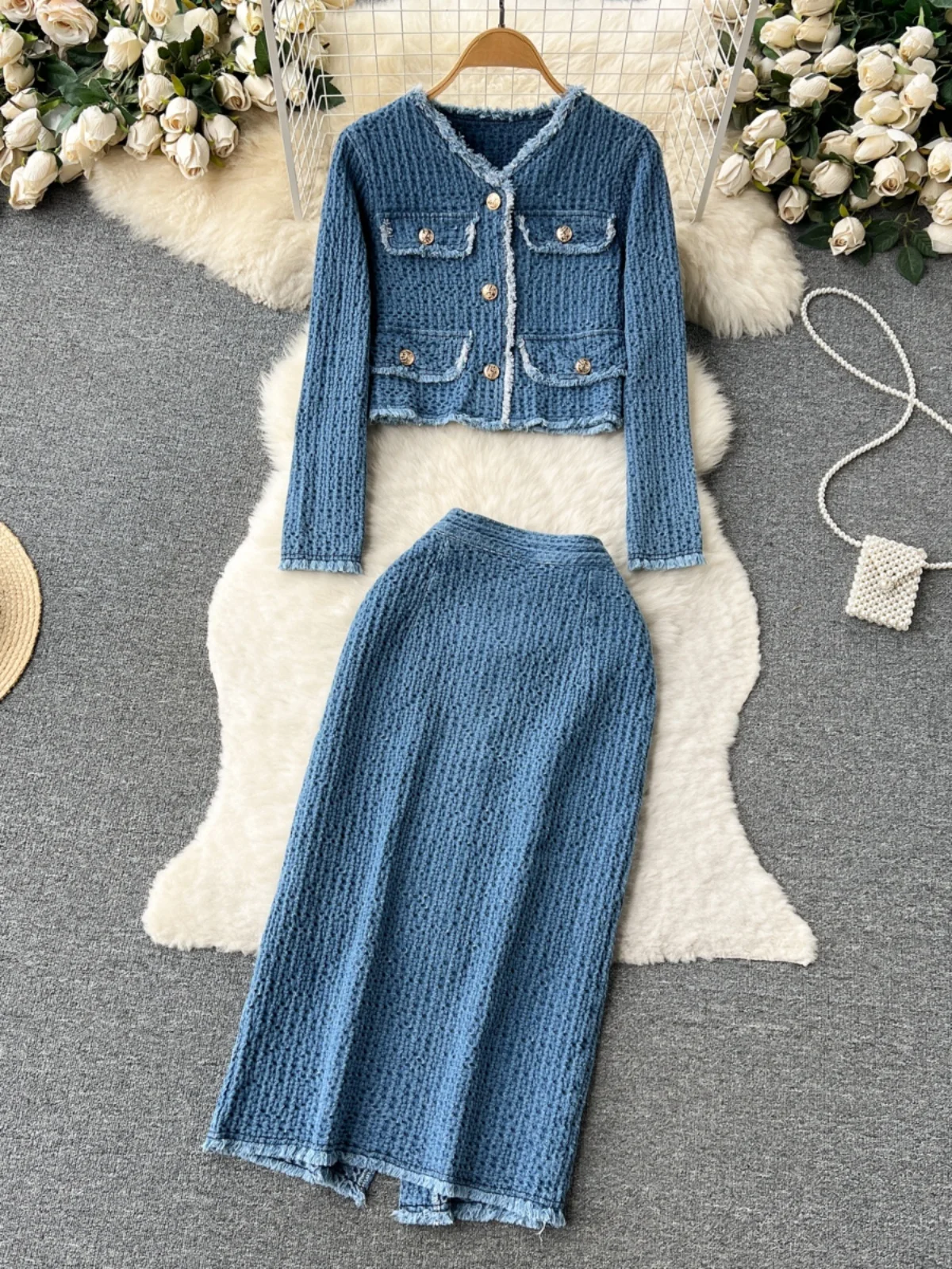 

Spring Autumn Small Fraance Sle Women's Denim Set with Frayed Hem ort Coat And Split Skirt Two Piece Suit