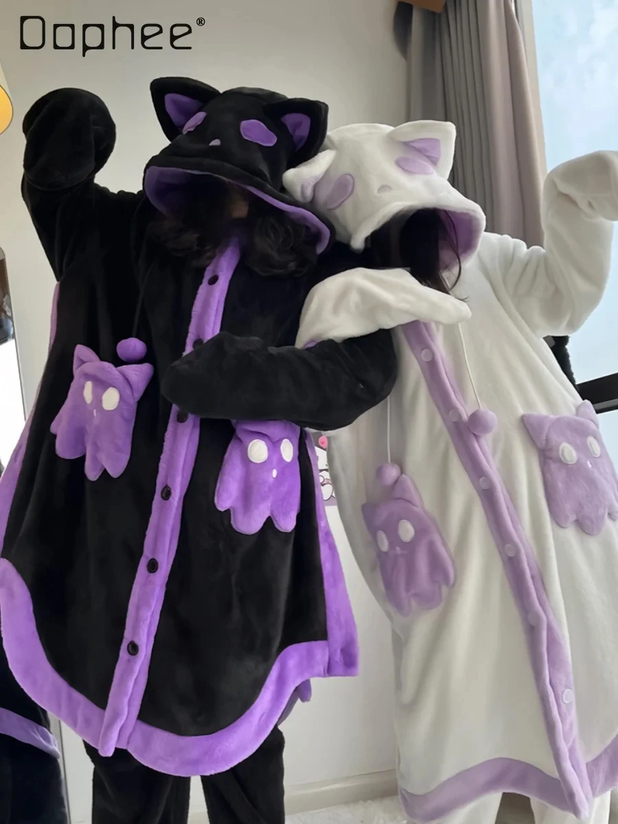 Ghost Cat with Tail Nightgown Women and Men Winter Hooded Coral Fleece Single Breast Thick Cute Sleep Robe Couple Bestie Gift