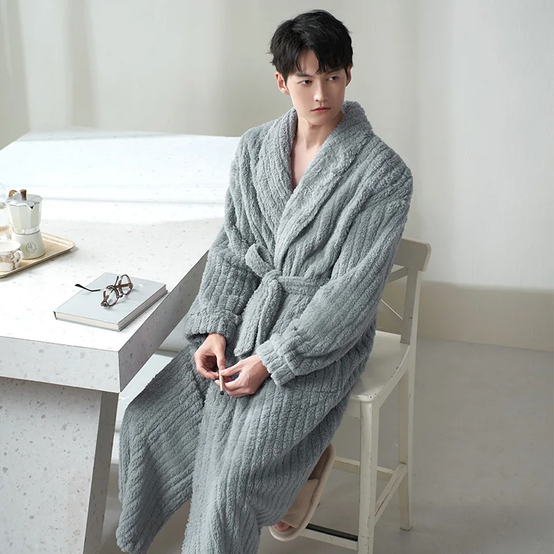 Autumn Winter Male Plush Velvet Long Bathrobes Sleepshirts Flannel Home Dress Sleepwear Warm Comfortable Kimono Indoor Clothes