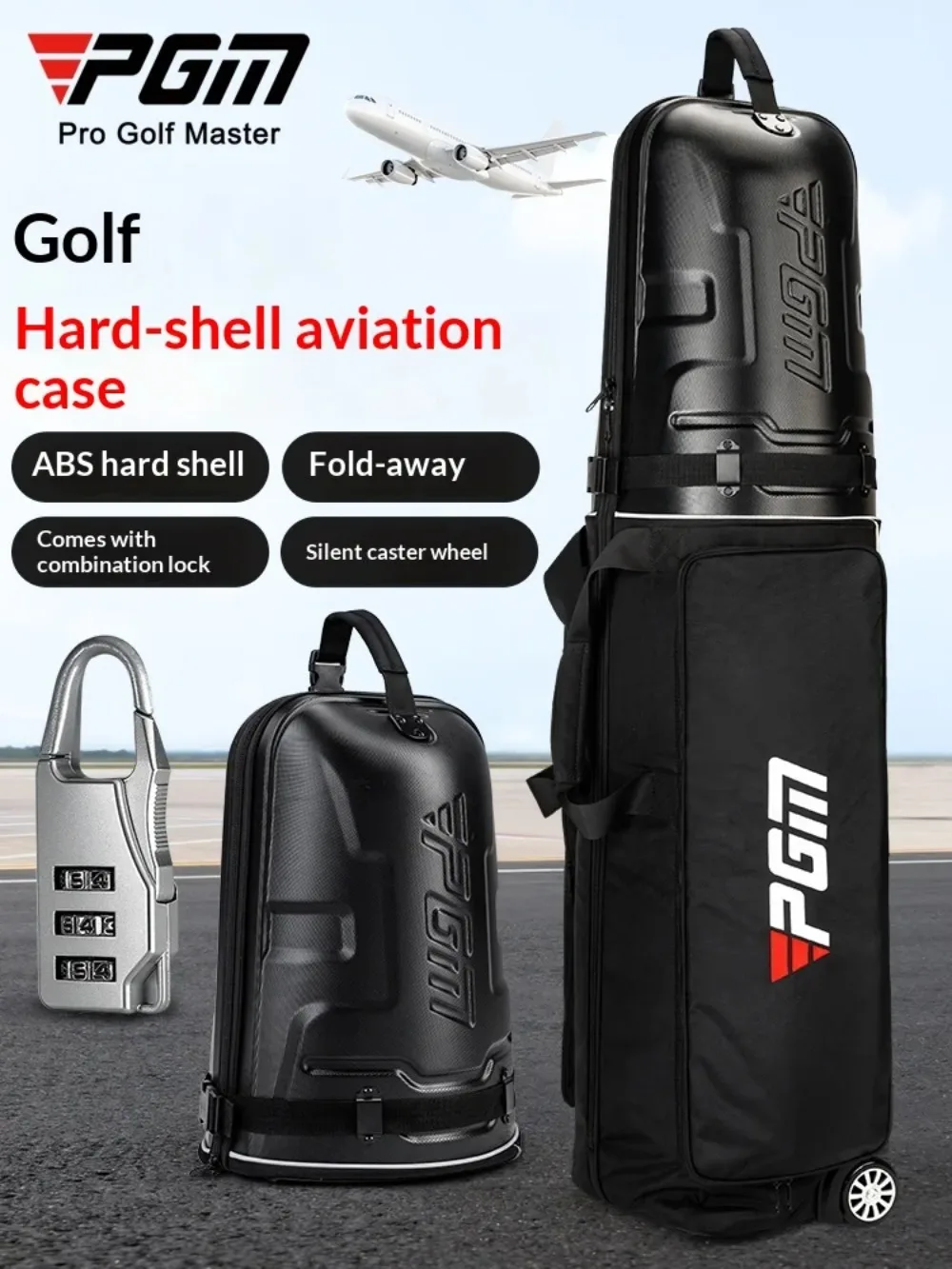 

PGM HKB020 Foldable Golf Aviation Bag, Hard Shell Golf Travel Bag with Combination Lock & Silent Wheels