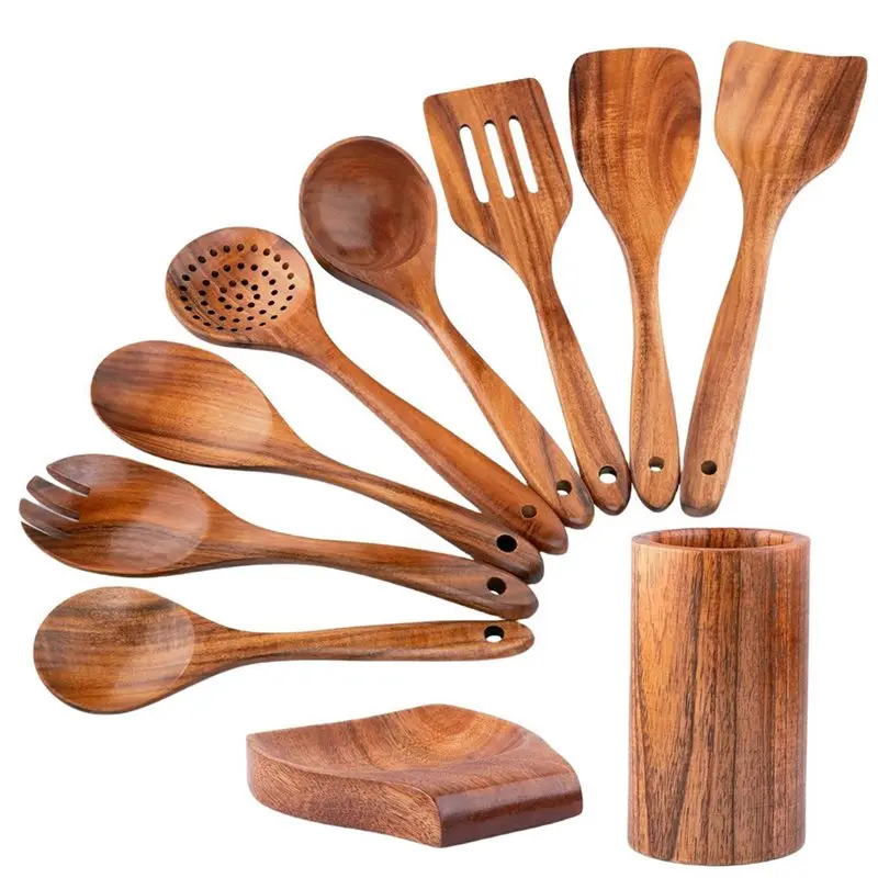 B23B Spoon Rest& Holder Included 10Pcs Natural Wooden Utensil Set For Cooking, Nonstick Solid Wood Spatula And Spoon