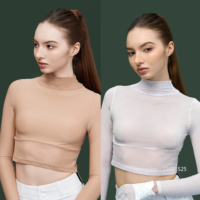 MG Ice Silk Long Sleeve Golf Shirt for Women High Neck Sunscreen Elastic Crop Tops Ladies Anti-UV Ultra Thin Skinny Underwear