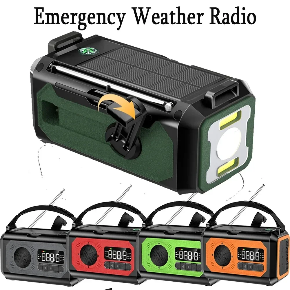 12000mAh Weather Alert Radio with 2 Solar Panels Solar Hand Crank Multifunction Radio Flashlight Power Bank for Outdoor Survival