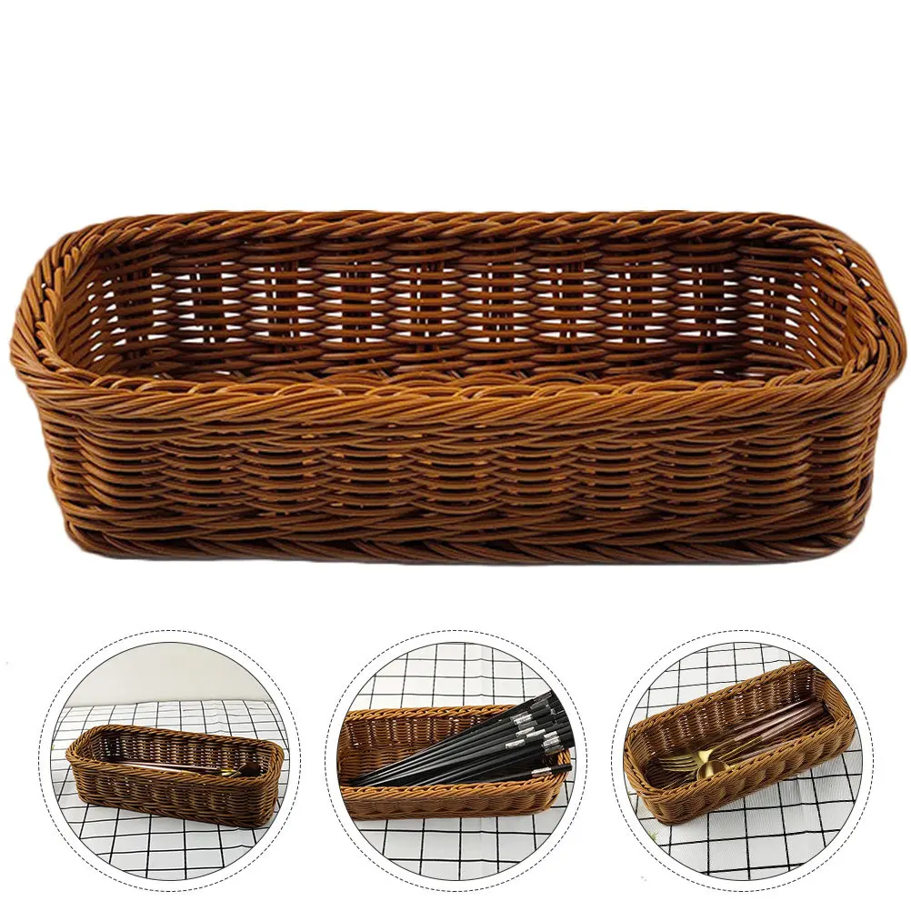 1Pcs Plastic Rattan Woven Chopsticks Fork Storage Basket Handcrafted Ventilated Tableware Holder Household Kitchen Storage
