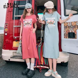 2024 Summer ELFSACK New Arrivals Blue slit casual bow print petite slim T-shirt dress for women