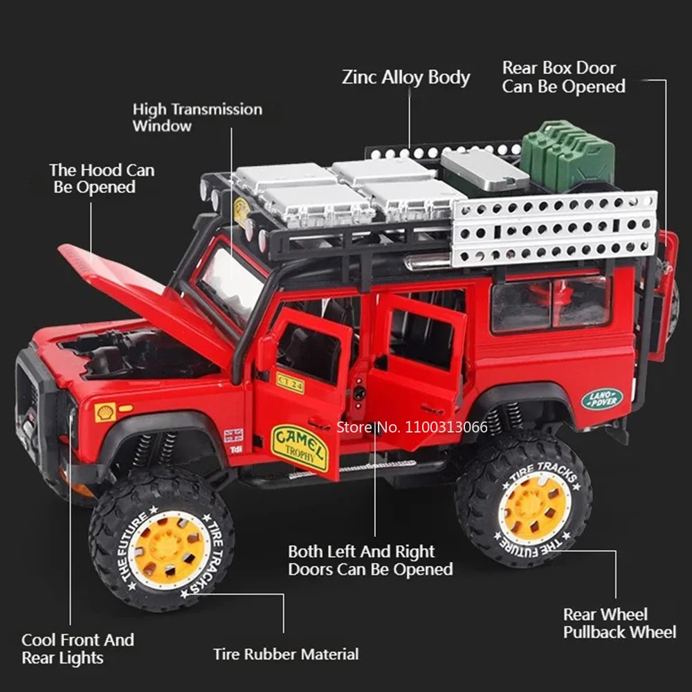 1:28 land rover defender unimog u5000 carros brinquedos modelos pneus de borracha 6 portas abertas roda off-road puxar para trás veículos crianças presentes