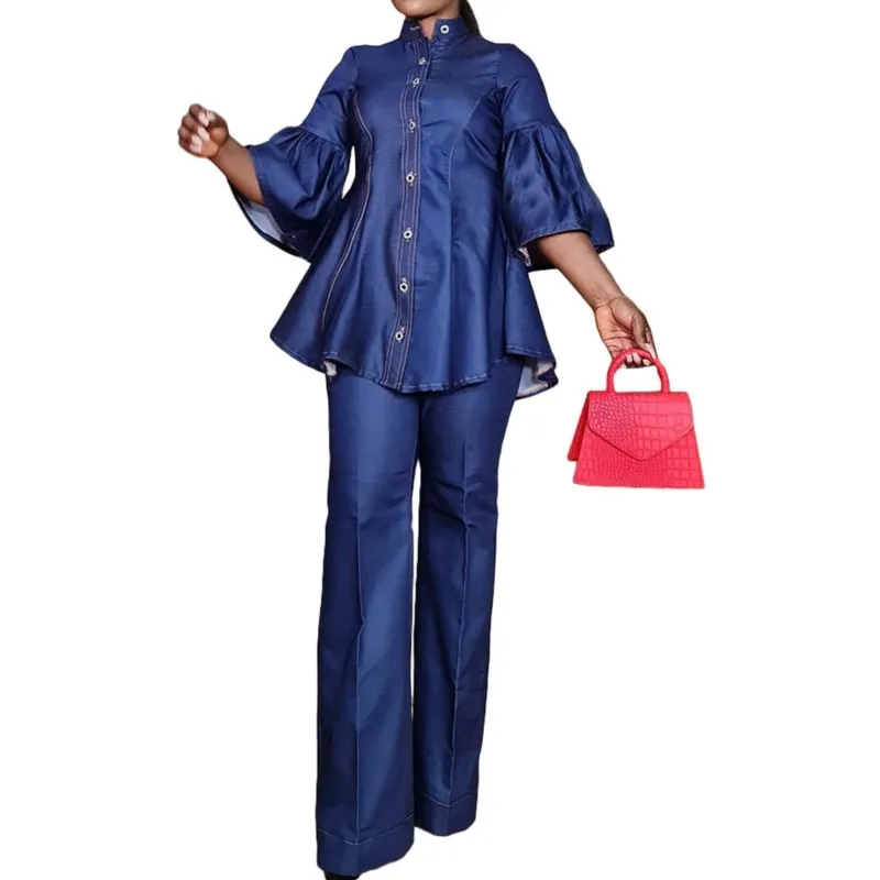 Two Piece Set Women 2025 Autumn Elegant Blouse Turtleneck Single Breasted Butterfly Sleeve Top Straight Pants Suit Casual Outfit