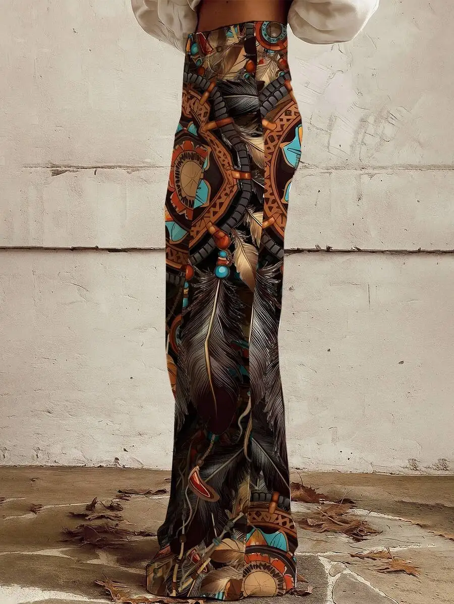 

Womens 3D Printed Wide Leg Trousers Southwestern Turquoise Brown Black Casual Western Style