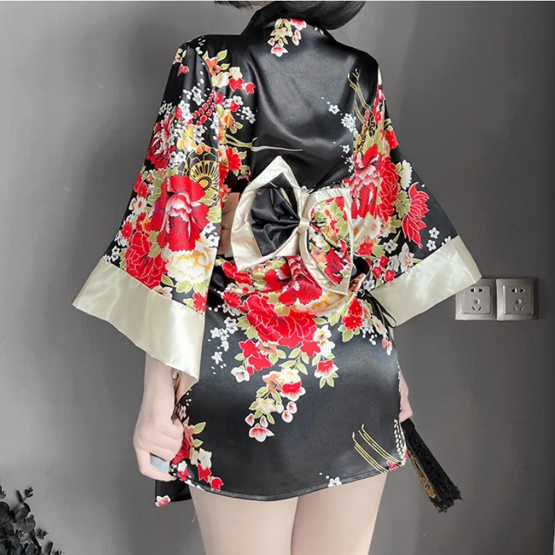 Japanese Kimono Women Bath Robe Sleepwear V-neck Flower Printed Bow Waist Shaping Mini Dress Loose Long Sleeve Night Gown