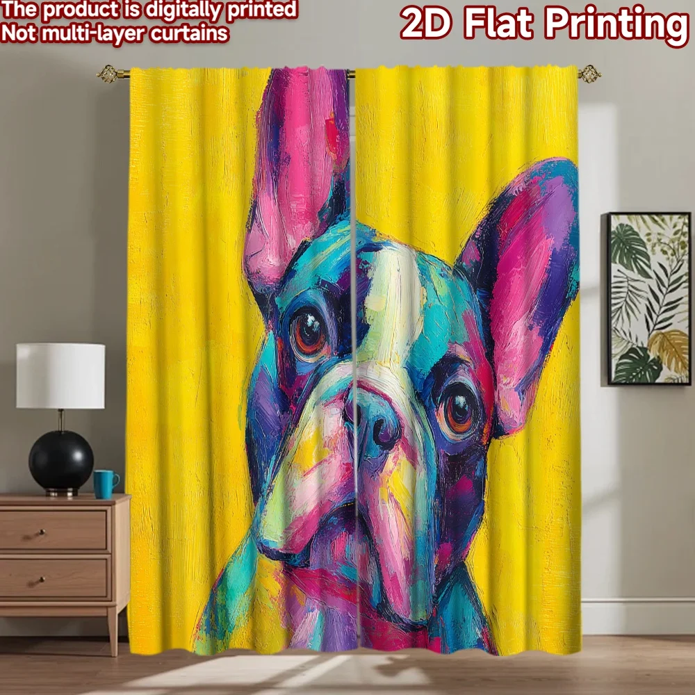 2D flat printing 2pcs Party Curtain Colorful French Bulldog Portrait Digital Printed Polyester Drapes Festive Holiday Use for