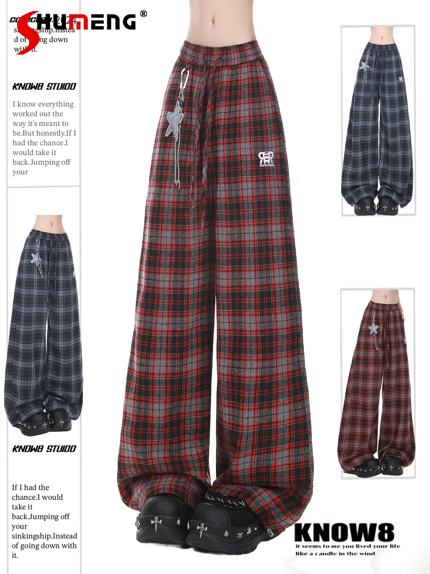 Pantalones informales a cuadros para chica, subcultura Retro japonesa, dulce y fresco, pantalones largos holgados de pierna ancha bordados de cintura alta para mujer, otoño