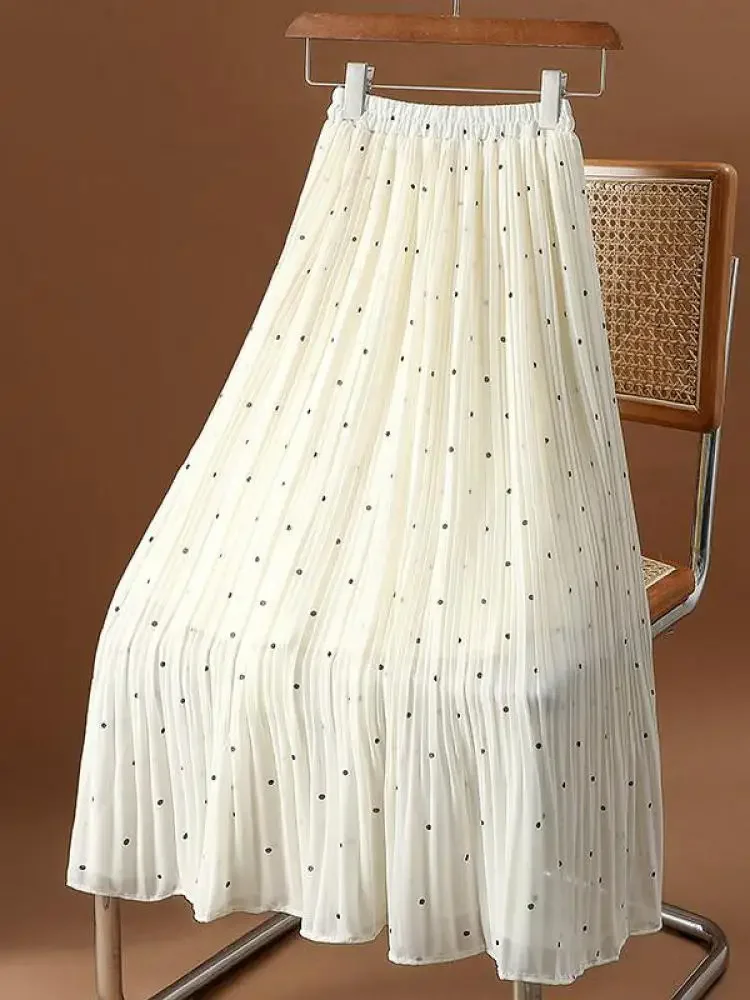 

Women Dot Pleated Skirts Women Summer High Waist Midi Office Skirt Womens High Street Elastic Waist Long Skirt Femme Vintage New
