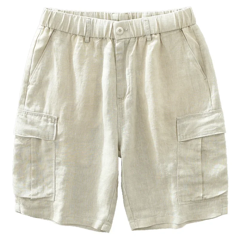 

Workwear Pocket Pure Linen Shorts Men's Summer Thin Japanese Vintage Loose Large Straight Cropped Pants Solid Beachwear