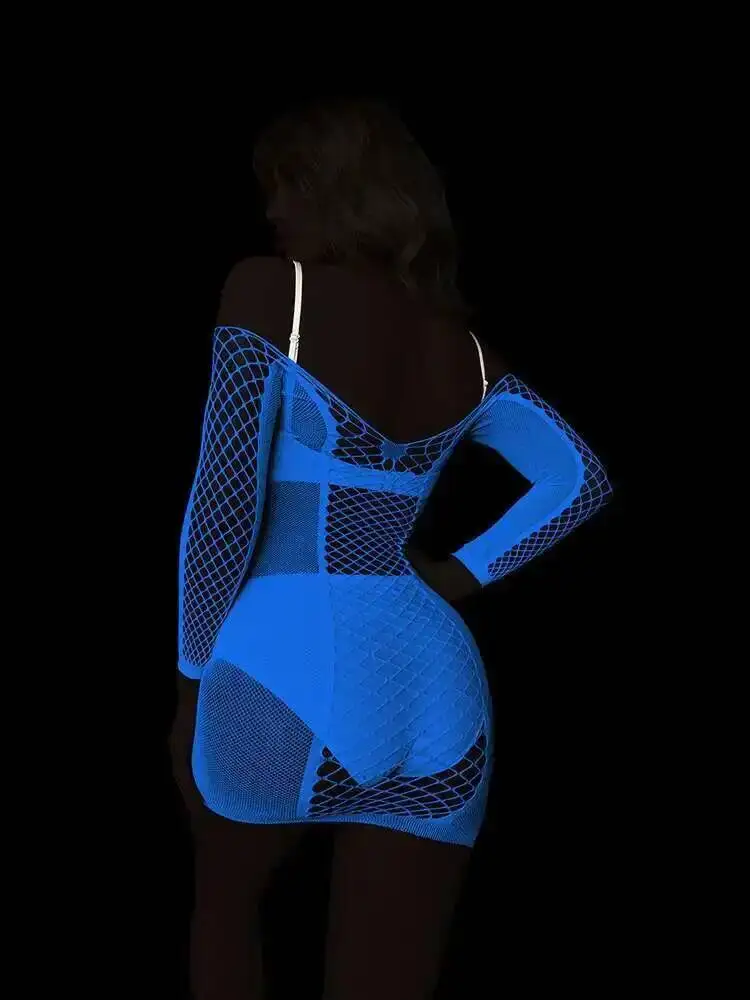 Blue Light Glowing Sexy Short Dress Elegant Bodycon Night Light Mesh Hollow Sexy Long Sleeve Off-Shoulder Mini Dress Tops DA6J