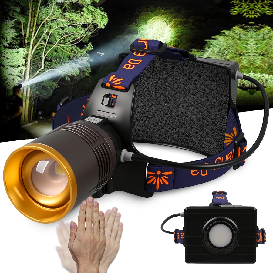 Sensor LED Telescopic Zoom Headlamp Adjustable Angle With Power Display Waterproof Outdoor Camping Work Head Light Power Bank
