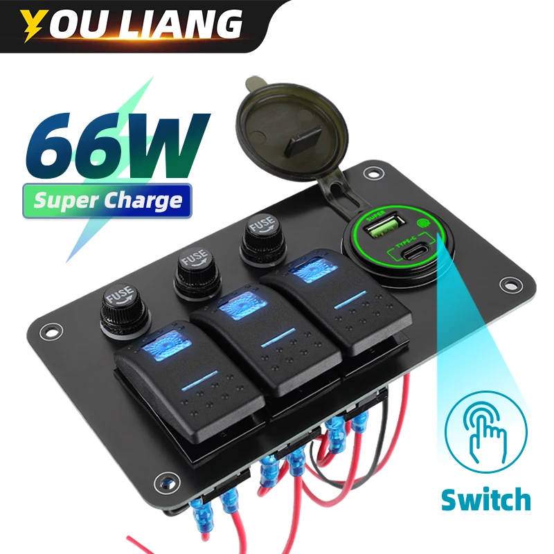 66W Type-C & QC3.0 USB Charge Power Socket Rocker Switch Panel 3 Gang Toggle 12-24V for Car Trailer Marine Boat RV Vehicle Truck