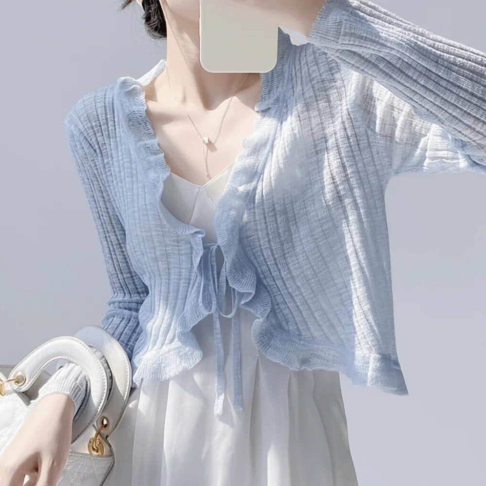 

New Ruffled Trim Tie Front Knitted Cardigan V-Neck Long Sleeve Sun-Proof Tops Thin Outwear Summer