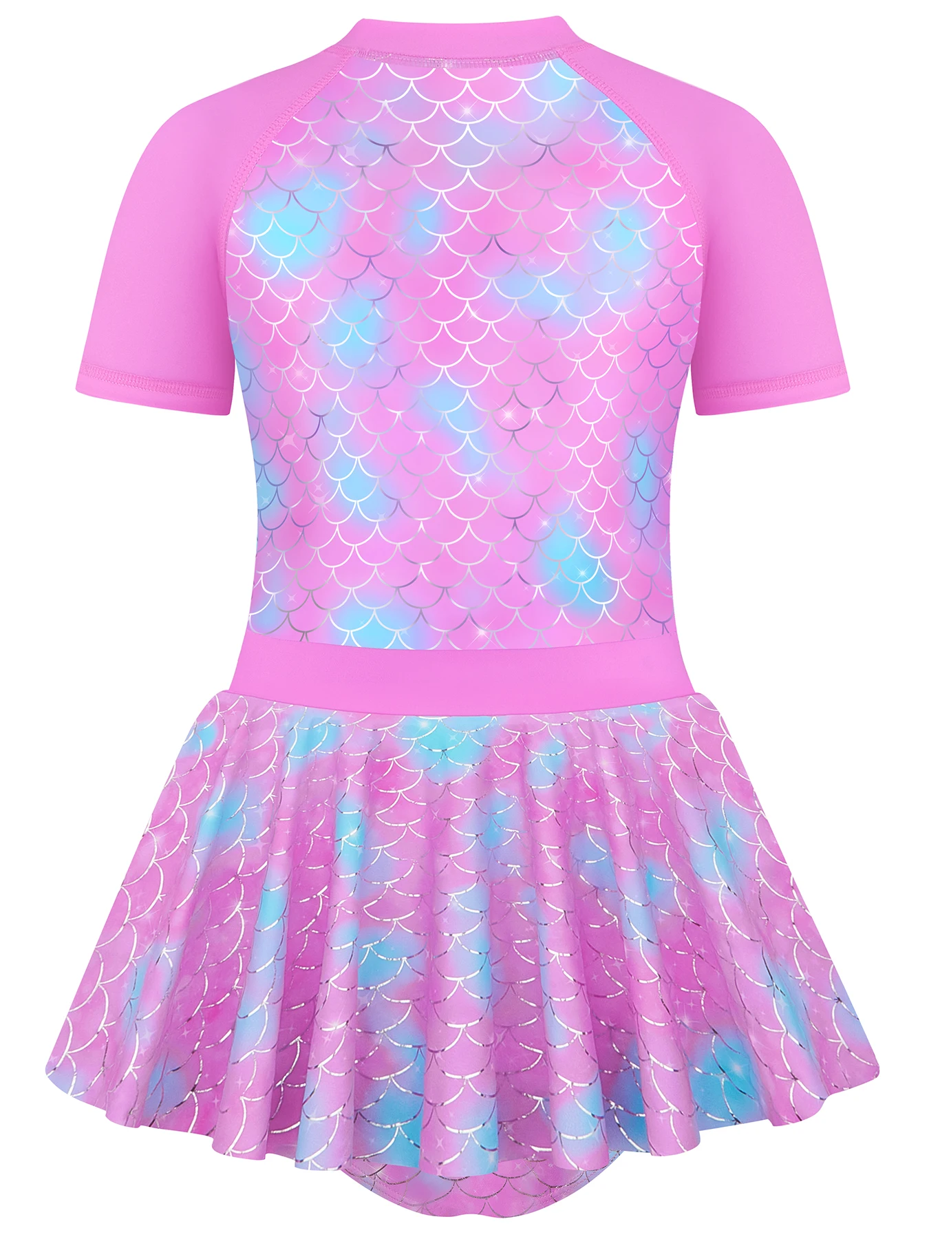 Skirted Bikini Briefs Swimwear Kids Girls Short Sleeve Zipper Closure Swimming Suit Scale Print Rose Red Color Summer Beach Tops