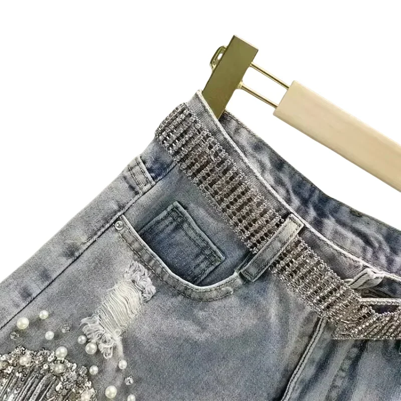 Short en jean taille haute à jambes larges pour femme, short en denim pour femme, élégant, décontracté, monochromatique, perles à pampilles, été