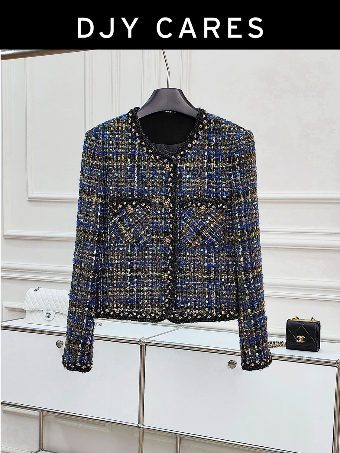 New Coarse tweed and cotton thickened blue plaid blended jacket top big  size