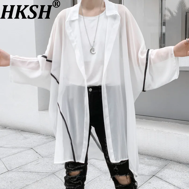 

HKSH Spring Summer New Men Tide Long Sleeved Shirt Mid-Length Loose Women Trendy Thin Sun Protection Korean Chic Ins Top HK19896