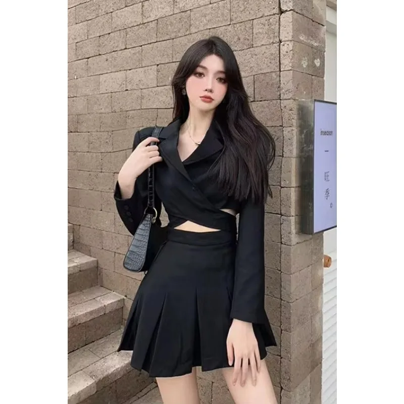 UNXX Skirt Suits Spring Autumn Retro Casual Cross Tie Blazer Pleated Skirt Set Black Short Suit + Mini Skirt Two-piece Set Women