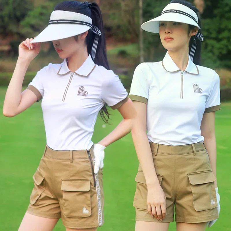 Love Golf Damskie koszulki sportowe z krótkim rękawem Oddychające, codzienne topy Damskie spodenki golfowe z wysokim stanem Szybkoschnące szorty z