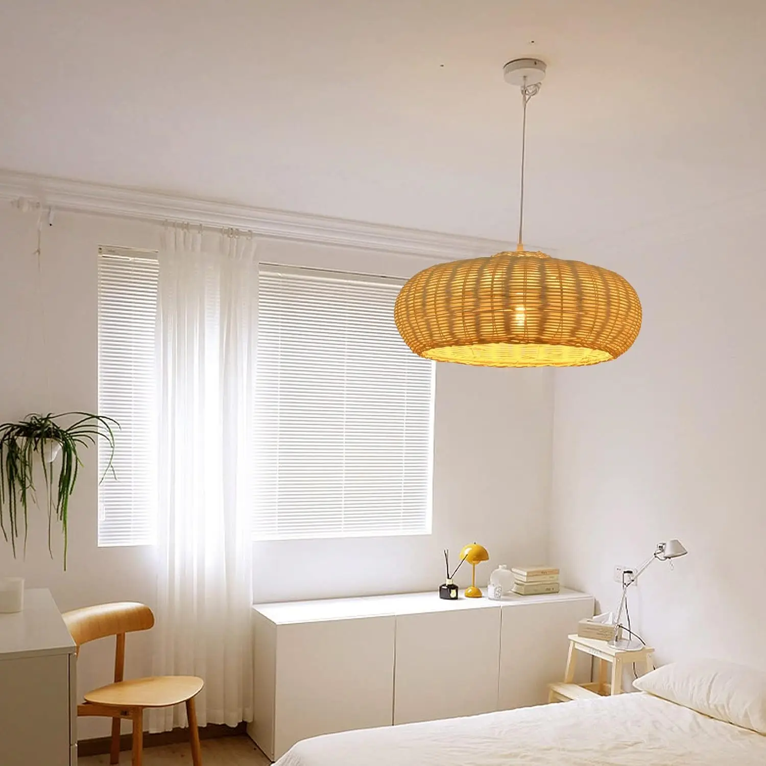 1 Light Boho E27 Chandeliers Rustic Woven Large Kitchen Pendant Lights Handmade Wicker Rattan Ceiling Fixture Beige Lampshade