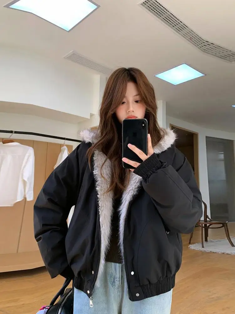 

Women Black Long Sleeved Versatile Hooded Plush Cardigan Down Cotton Coat Winter Grey Thick Warm Short Tops Popular 2025 Trendy