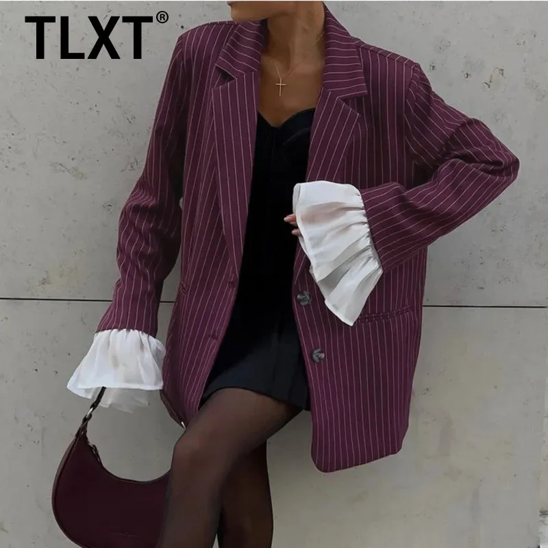 

TLXT Spring And Autumn New Style Striped Suit Coat With Women's Design Sense Lace Horn Sleeves Loose Casual Small Suit XK1384