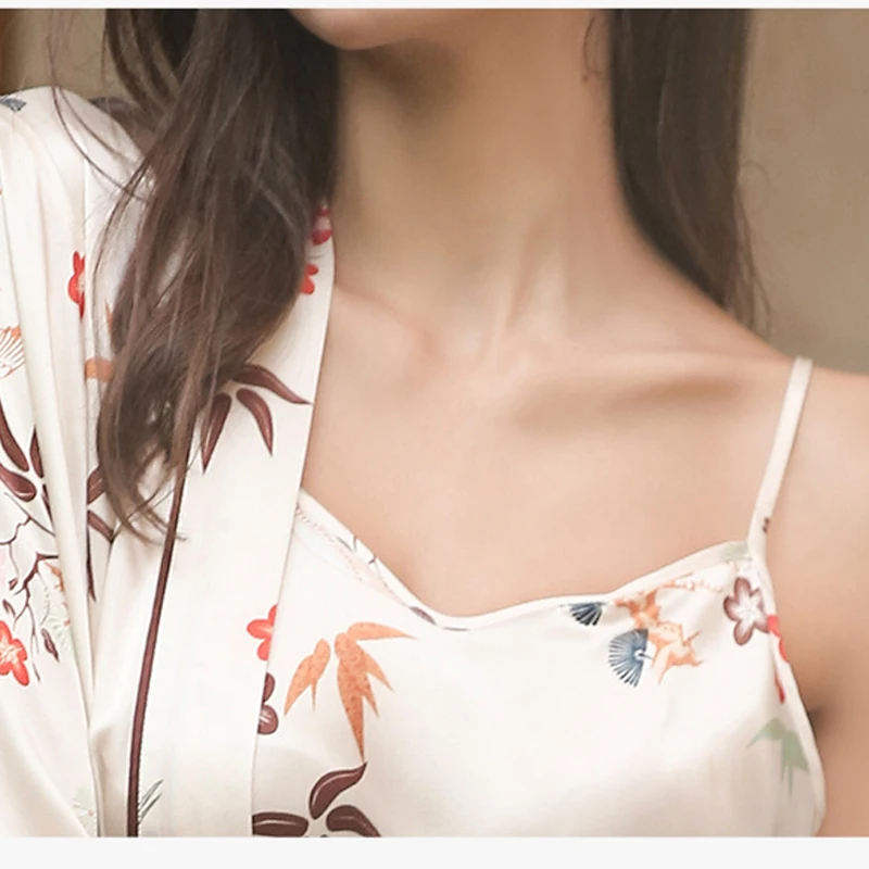 Winsleter-16MM 100% seda auténtica elegante conjunto de bata de noche, estampado Floral, bata de dormir Sexy para mujer, vestido con tirantes, otoño 2025 S5O865CC