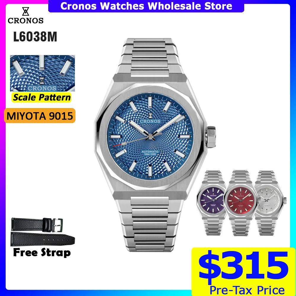 Cronos Luxury Men Watch 39mm Automatic Miyota 9015 Wristwatches Brown Scale Pattern Sapphire 10ATM See-through Back L6038M