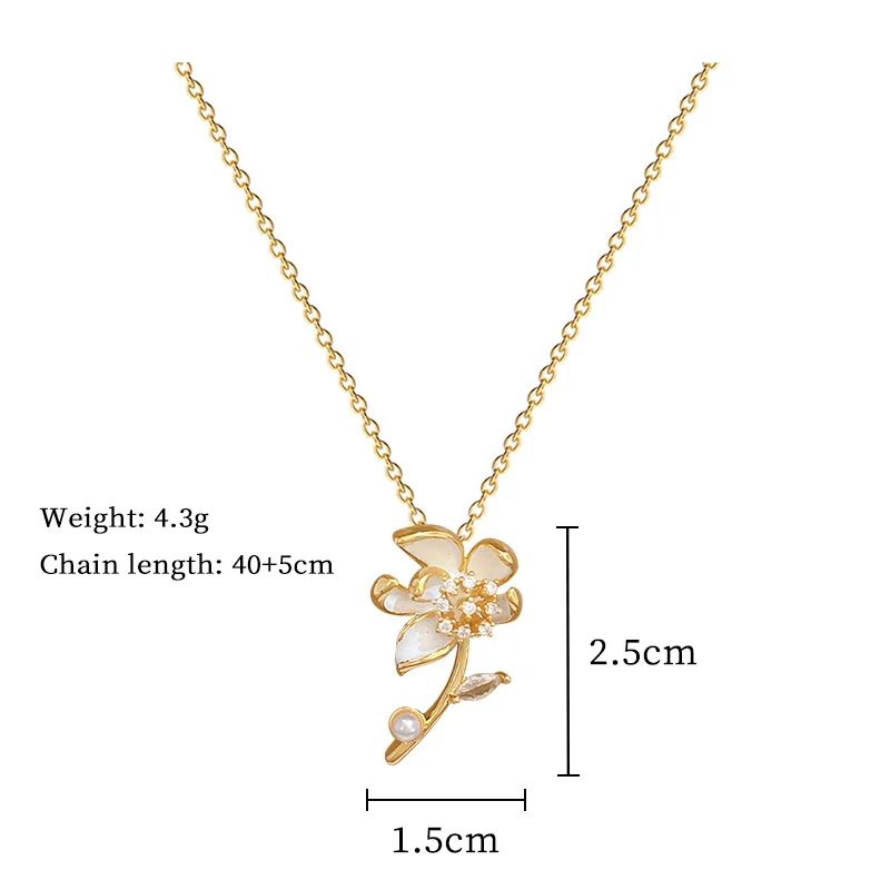 DIEYURO 316L Stainless Steel Steell Branch Flower Zircon Pearl Pendant Necklace Earring Set For Womens New Fashion Jewelry Gift