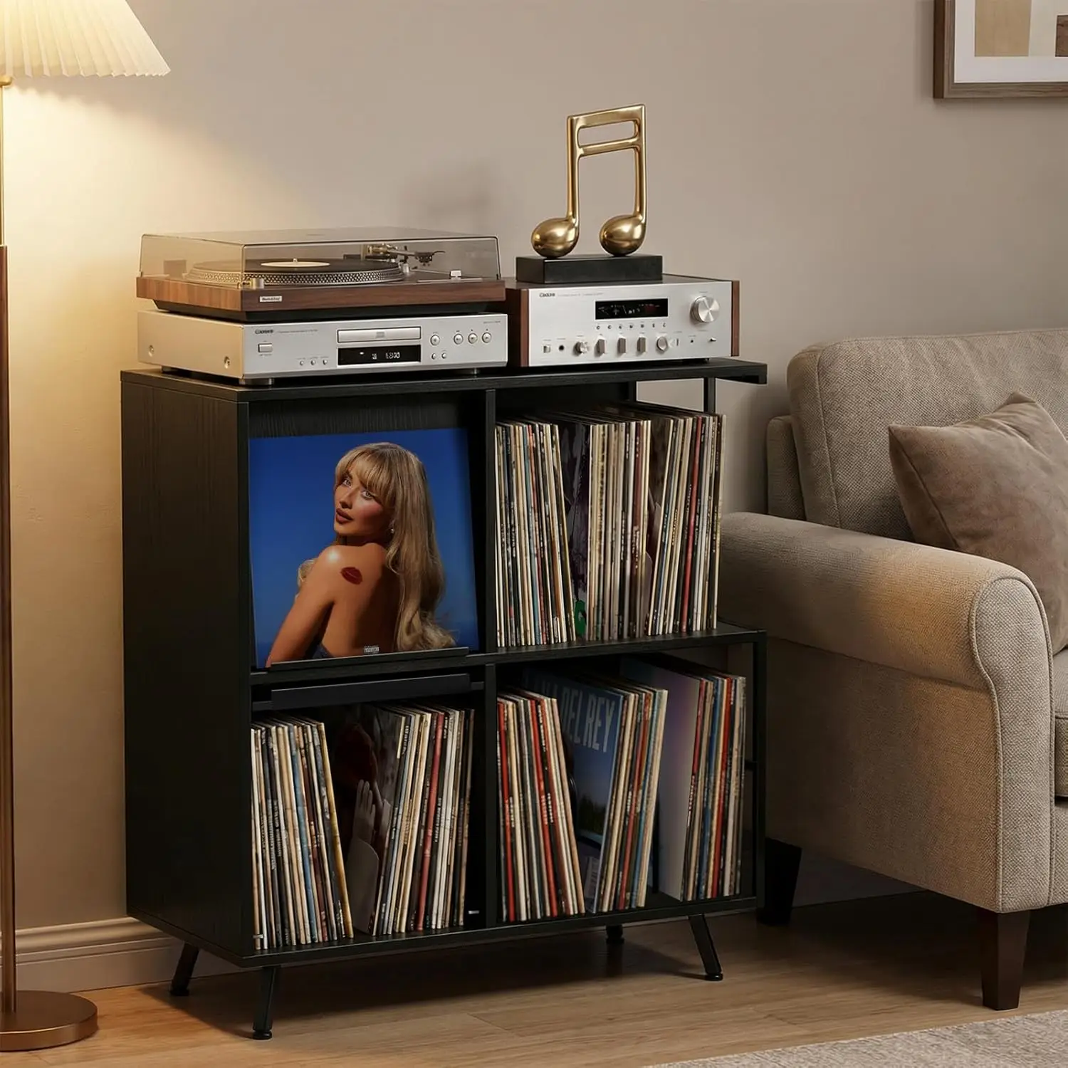 3 Tier Flip Top Record Player Stand, Vinyl Record Storage Holds up to 300+ Albums, Large Record Player Cabinet, Vintage Turntabl