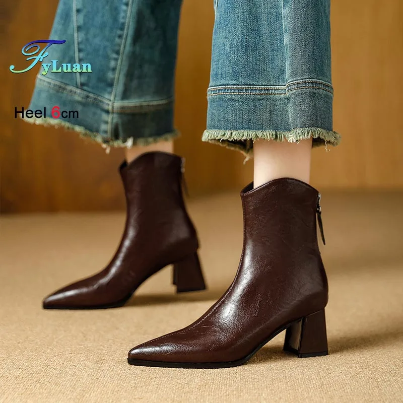 

Модные коричневые женские ботильоны на высоком каблуке, осенне-зимние, новые, с острым носком, на толстом каблуке, повседневные, средней высоты