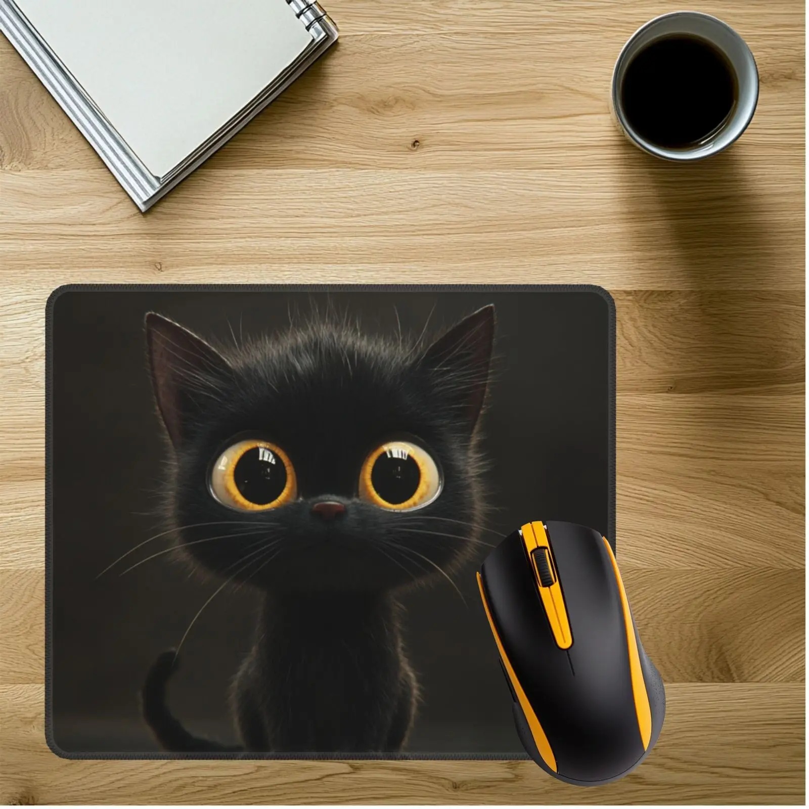 

Black Cat mouse pad features large eyes, high-resolution, anti-slip rubber bottom, durability and is suitable for gaming use