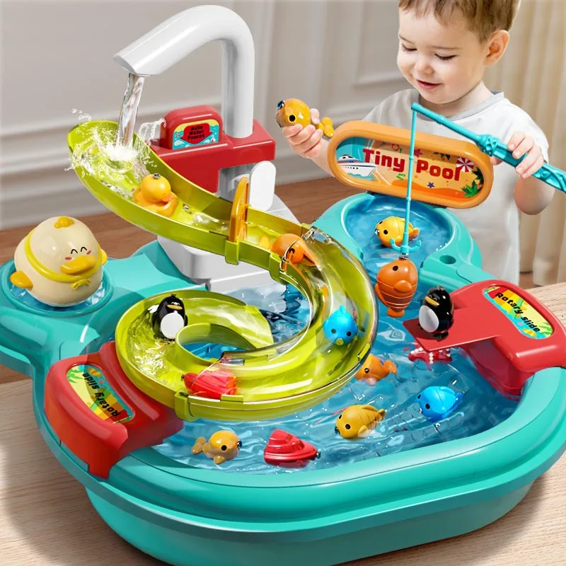 Children\'s Electric Pretend Play Toys Dishwashing Basin Toys Gift Kitchen Interactive Toys 2-in-1 Slide Fishing Montessori Toys