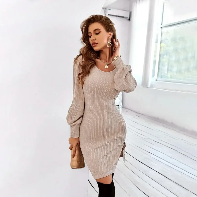 

2024 New Women's Dress Sexy Round Neck Hollow Out Long Sleeve Mini Lace Dress Elegant Sexy Splice Lace Slim Hip Wrap Skirt YSQ45