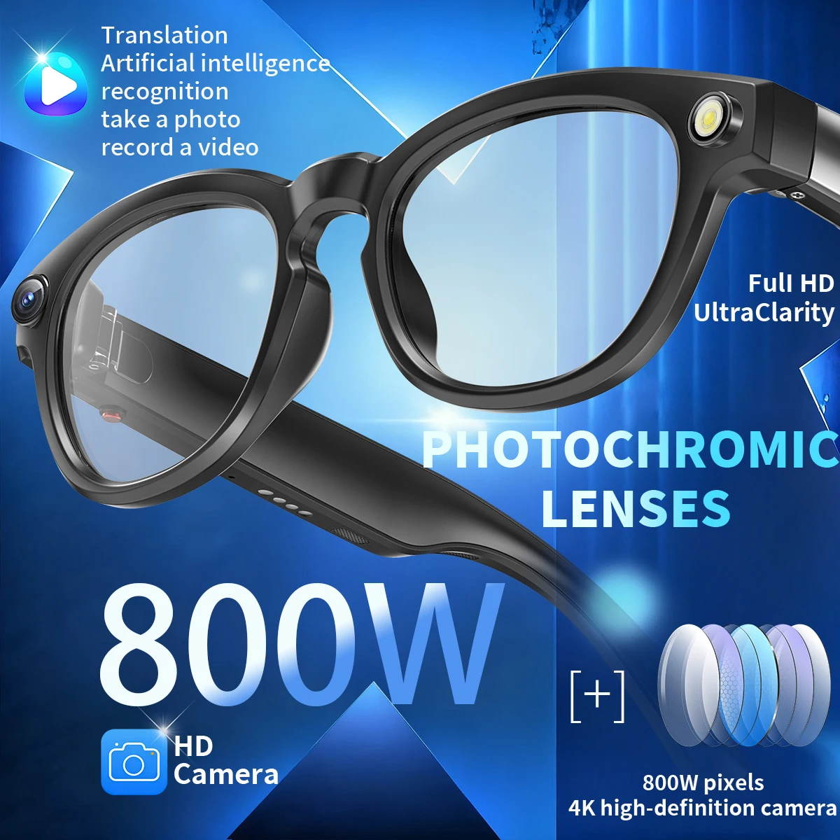 

800W Smart Glasses HD Camera Photochromic Lens Intellingent Translation Photo Recognition Take Photos Record Video Smart Glasses