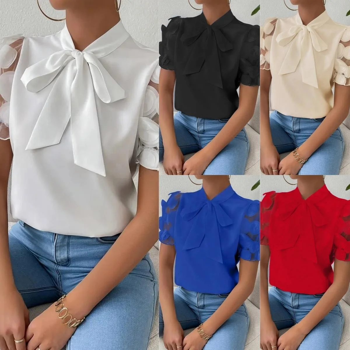 

Women's Lace-Up Short Sleeve Shirt Commute Style Pure Color Non-Shrinkage Short Sved Shirt for Ladies