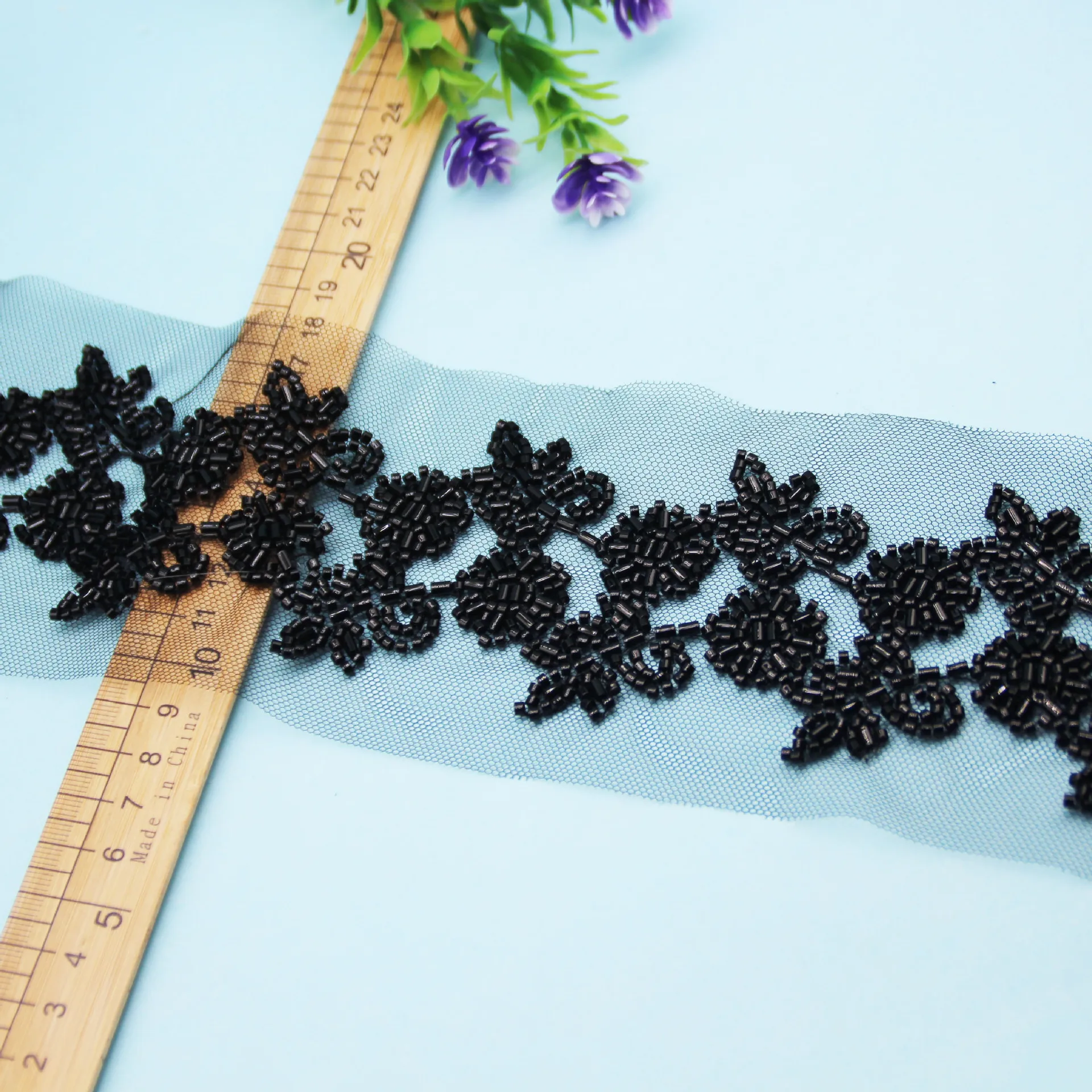 Black Flower Glass Bead Nail Bead Lace DIY Beaded Embroidered Lace Ribbon Ethnic Style Formal Dress Waist Chain Skirt Hem