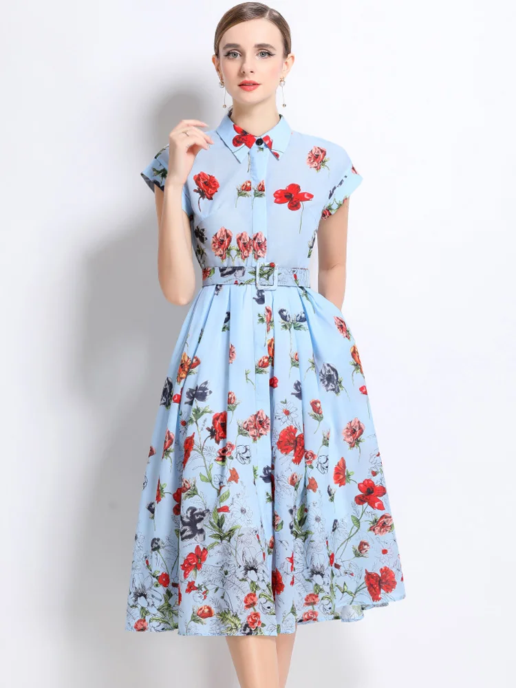 รันเวย์ Designer ดอกไม้พิมพ์เสื้อแขนสั้นชุดผู้หญิงฤดูร้อนแฟชั่นเดี่ยวลําลองเข็มขัด Party Dresses หญิง