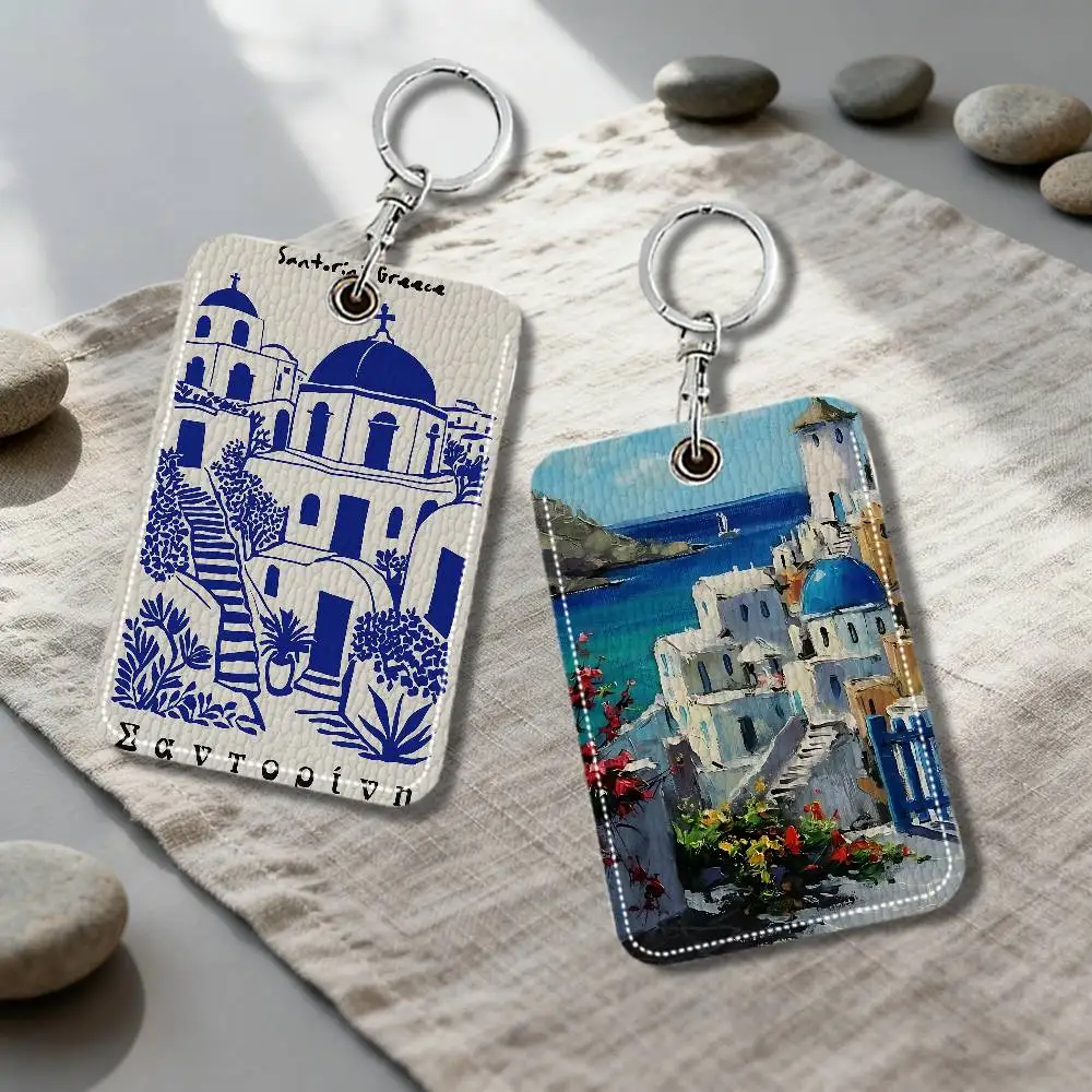 

Modern Travel Cities Santorini Keychain Card Holder, Badge Credit Card Holder, Student ID Card Holder,Bus Cards Cover PU Leather