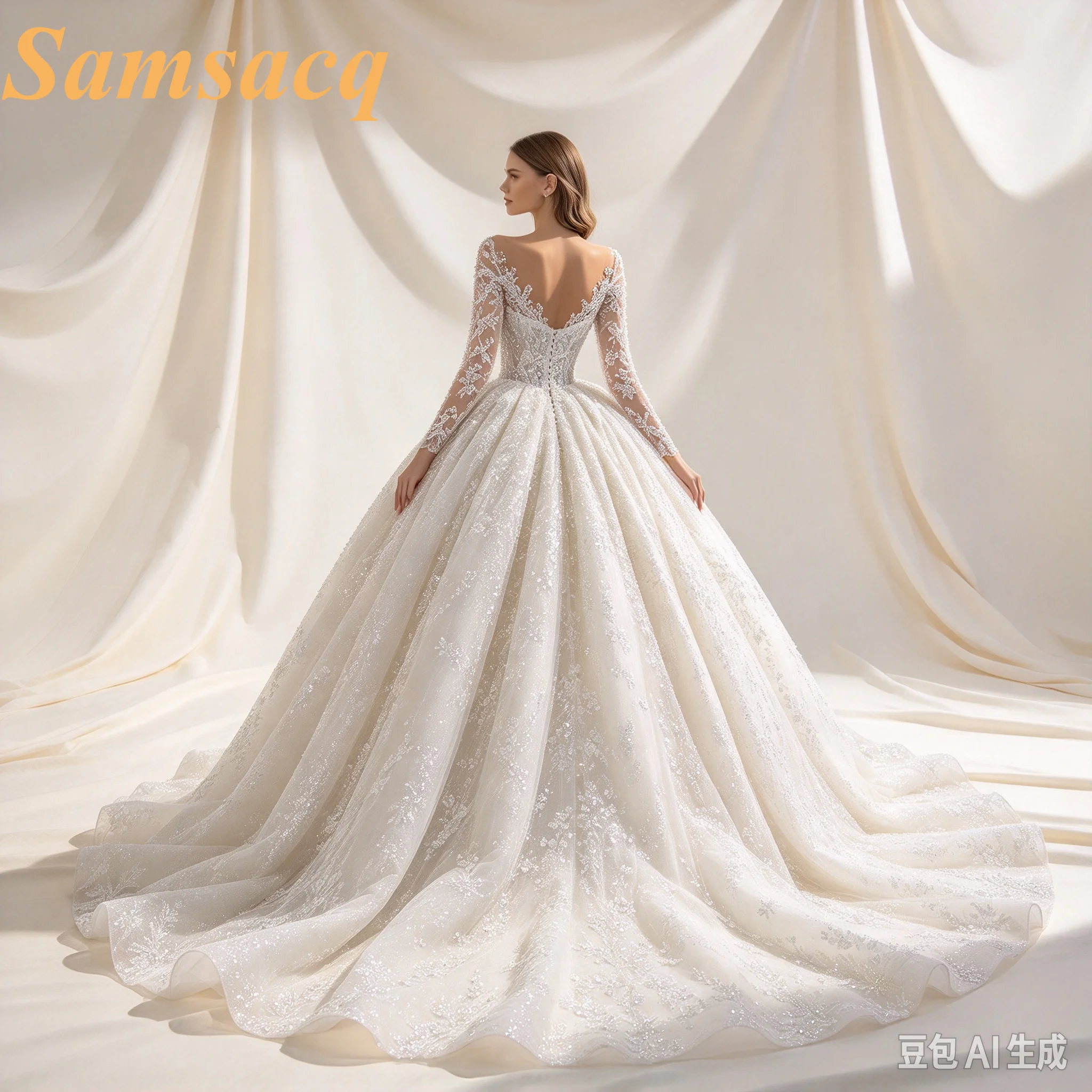 New Arrivals Long Sleeve Beads Pearls Sequins Shiny Gorgeous Ball Gown Wedding Dress With Long Chapel Train Vestido De Noiva