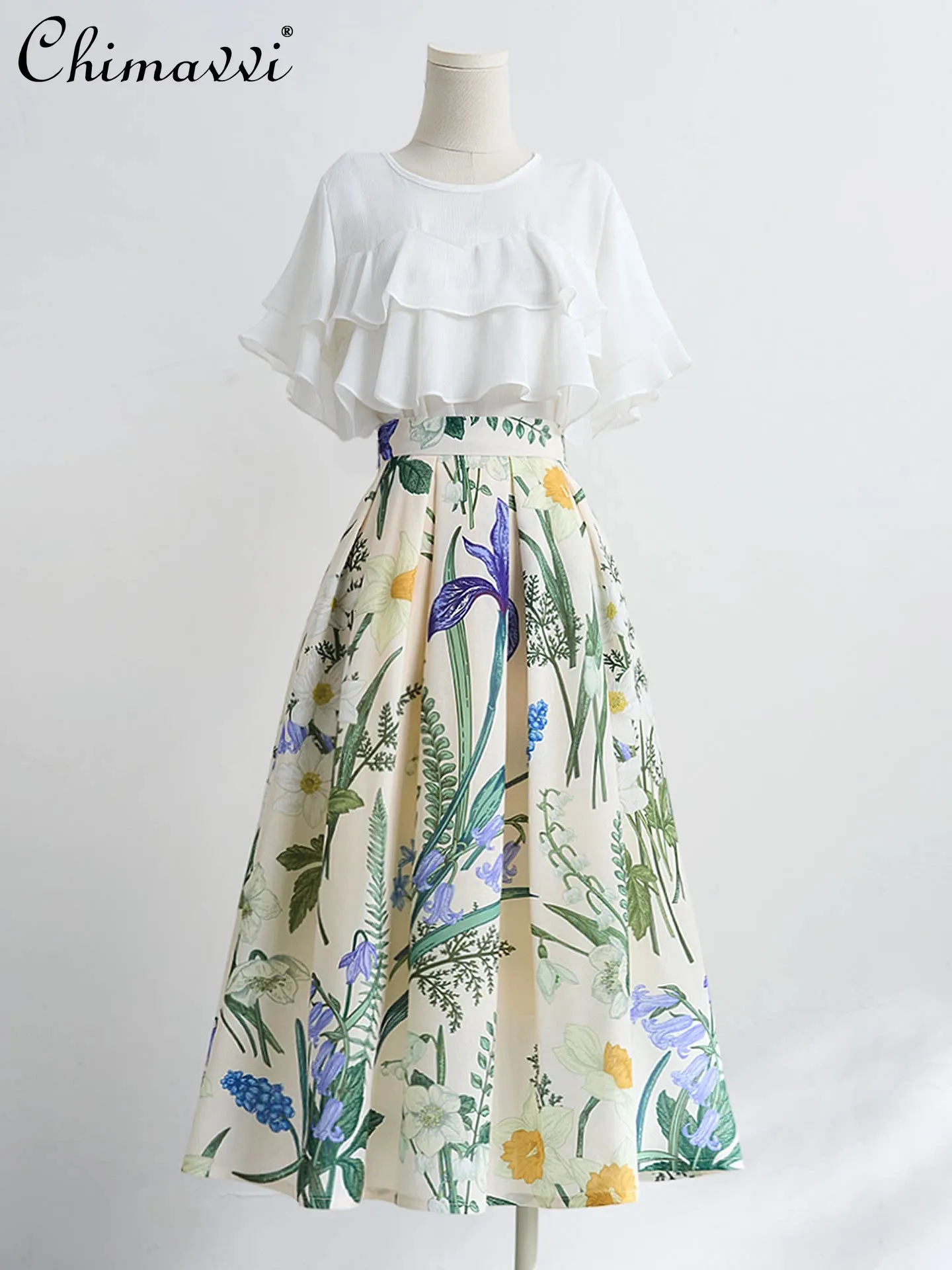 

French Elegant Commuter Print Pleated Midi Skirts Classic Versatile High-waisted A-line Fashion Casual Summer Skirt for Women