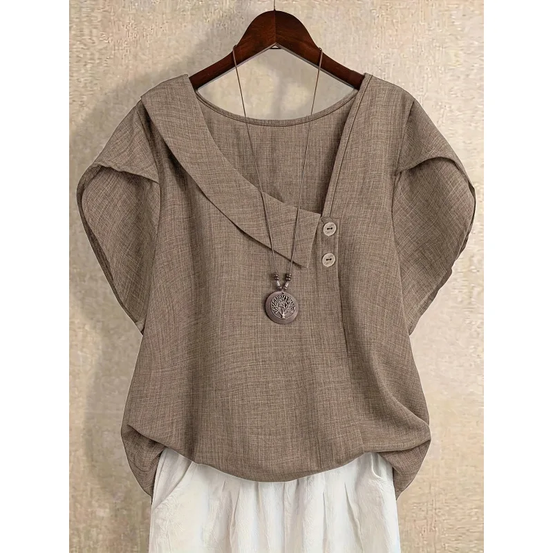 

Женская льняная рубашка больших размеров, трансграничный стиль, рукав три четверти, рукав-лепесток, устойчивая к деформации